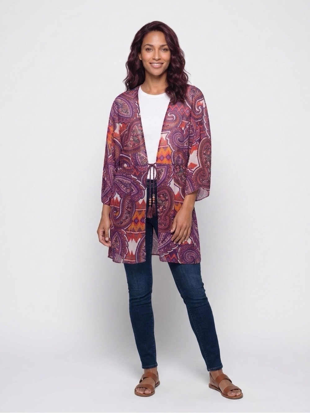 CAbi Multicolor Paisley Sheer Kimono - Purple, Orange, Pink
